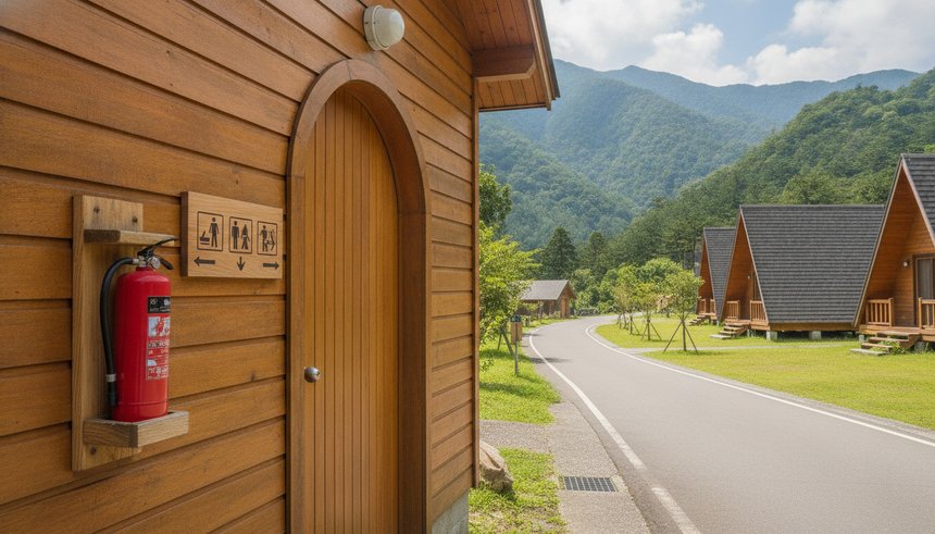 合法露營區管理室旁的滅火器、逃生指示與可供消防車通行的道路