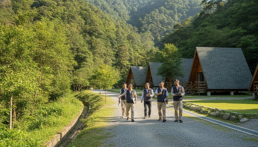 縣府審查人員到露營區現場會勘,檢查道路、排水與合掌屋設施